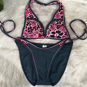 NEW Aqua Couture Surf Y2K Tropical Flower Bikini Swimsuit Top Scoop Bottoms S/M